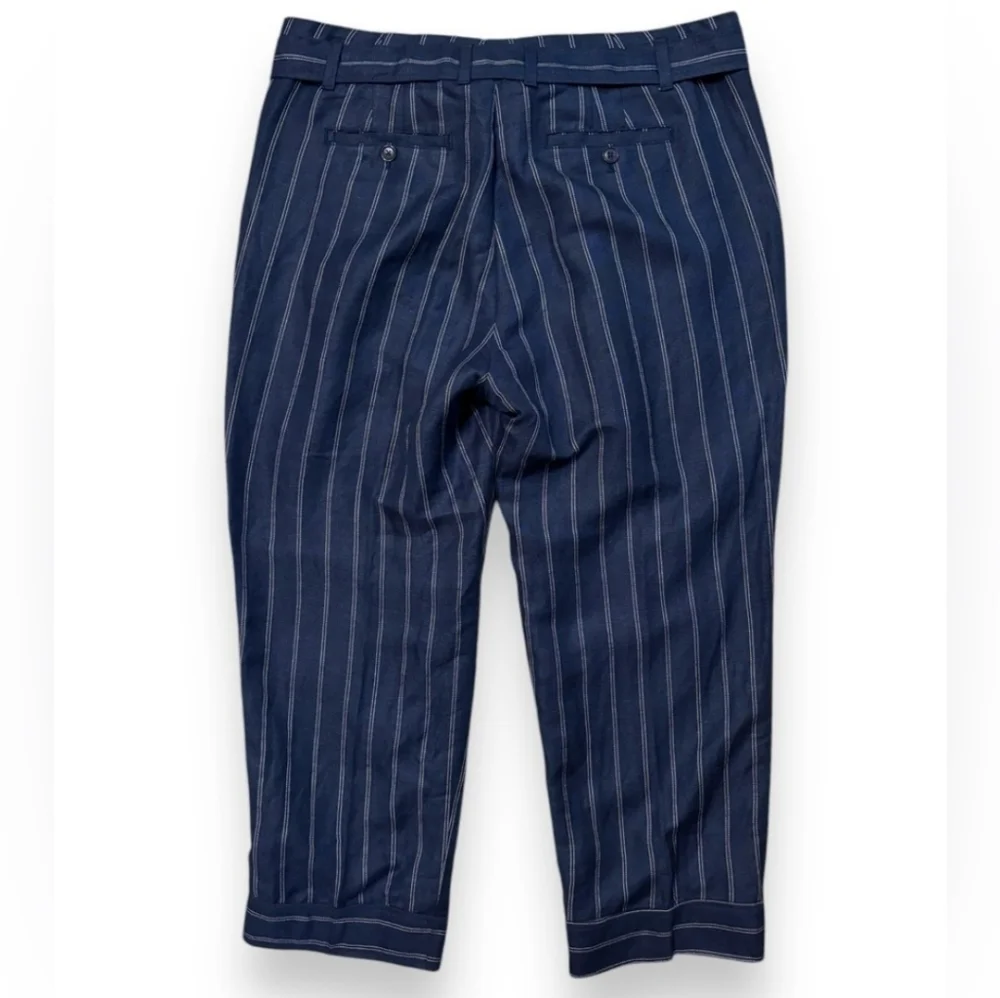 BANANA REPUBLIC Navy Striped Linen Blend Cropped Trousers Paper Bag Waist